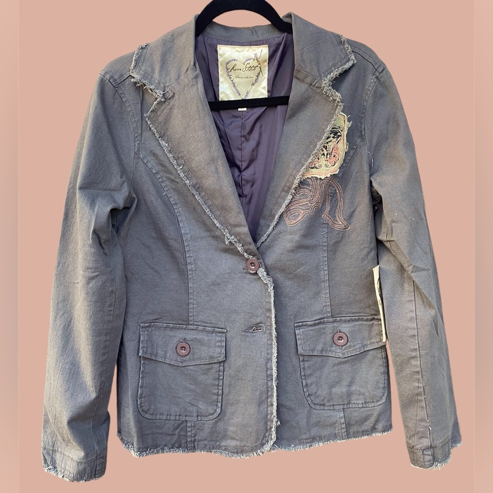 Love Stitch Dark Grey Embroidered Blazer Size L - NWT